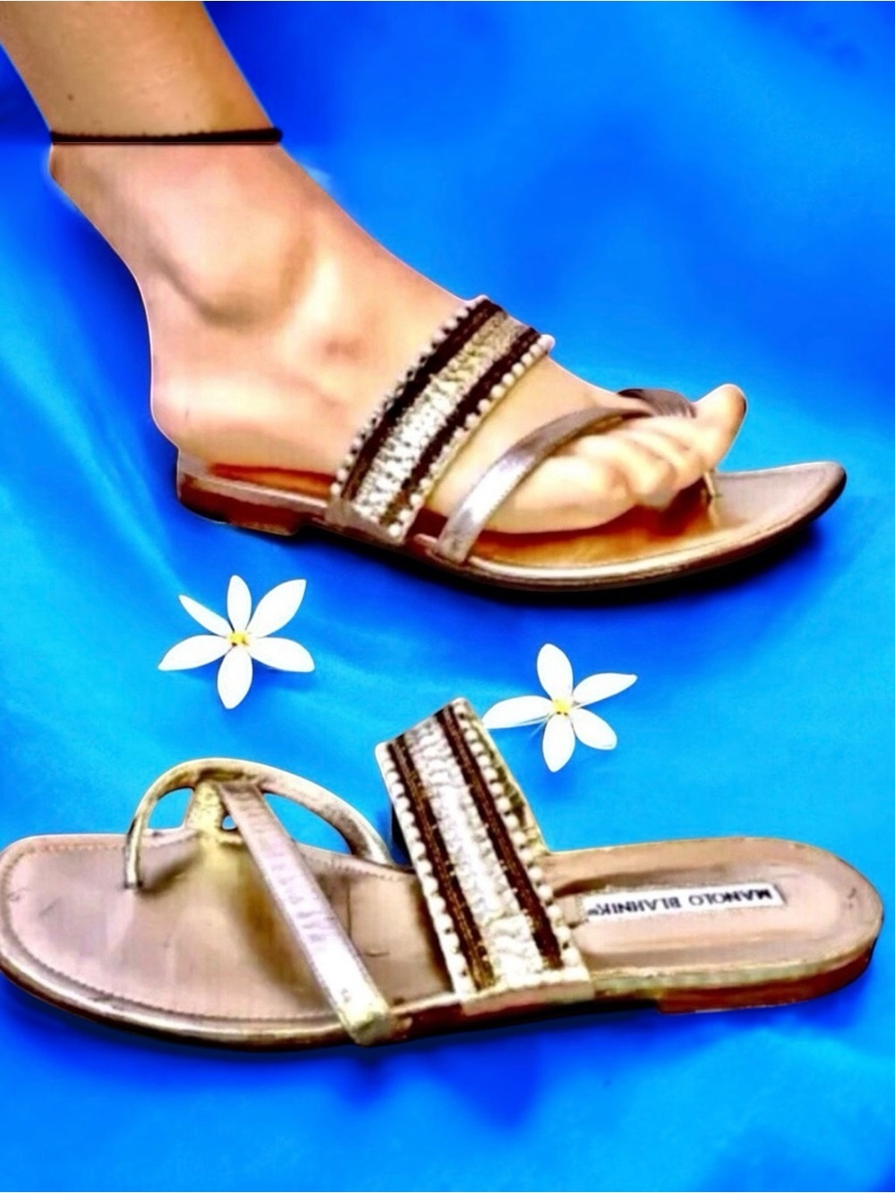 Manolo Blahnik THONG Gold Sandal Beads Rhinestones